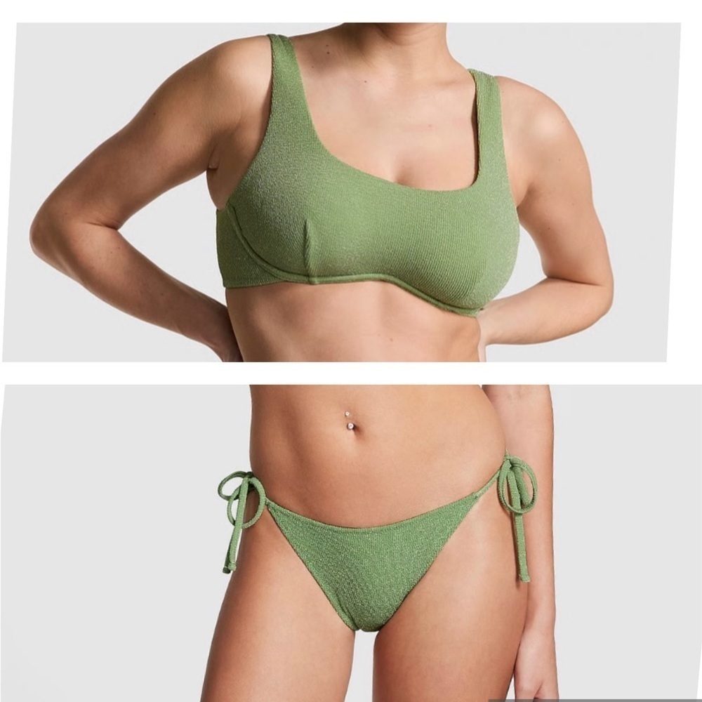 PINK Victoria’s Secret Bikini Set Green S Scoop Underwire Adjustable Bottoms NWT